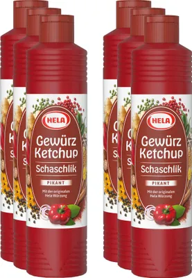 Produktbild von 6 x Hela Ketchup Schaschlik pikant Gewürzketchup 800 ml Flasche Ketchupflasche