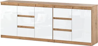 Zdjęcie produktu dla Komoda Pojemna Młodzieżowa Do Salonu 6 Szuflad 200Cm Dąb Wotan Biały Połysk