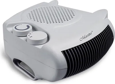 A grey Maestro fan heater is shown from a diagonal angle against a white background.