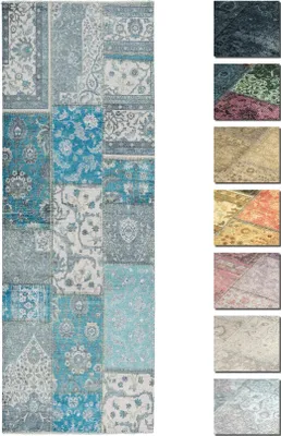 Produktbild von Kelim Patchwork Teppich Wohnzimmer Blau 80 X 290 cm, Moderner Kurzflor Teppich, Super soft, verschiedene Farben und Formen verfügbar
