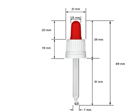 Produktbild von 10 Plastikflaschen 20 ml aus PET, G18, Glaspipette, Gummikappe rot, Pipettenverschluss weiss + 1 Minitrichter
