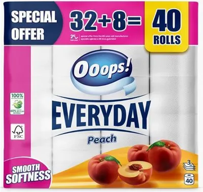Produktbild von Toilettenpapier "Everyday", Pfirsich, 3-lagig, kleine Rolle, 32+8 Rollen, OOOPS KTC30401772