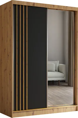 A wardrobe with sliding doors, one of which is a mirror, reflecting a sofa and curtains.