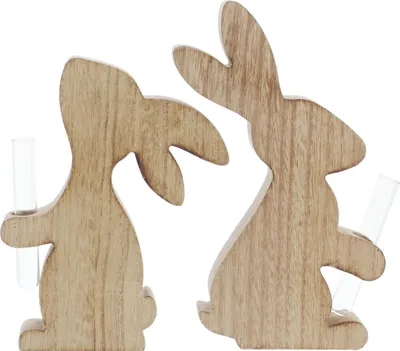 Produktbild von Hase mit Vase, 2er Set, hübsche Oster-Dekoration, Holzhäschen, Glasvase