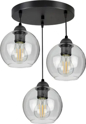 A black pendant light fixture with three clear glass globes, each containing an Edison-style LED bulb, against a white background.
