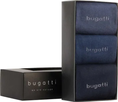 A gift box containing three pairs of dark blue Bugatti socks.