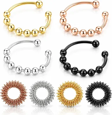 Productafbeelding van Fidget-ringenset - Set van 8 - Verstelbare parelringen van roestvrij staal in 4 - Anti-stress ringen - Angst