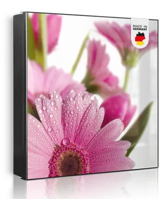 Zdjęcie produktu dla Metalowa szafka na klucze banjado, wymiary 30 x 30 cm, z 32 haczykami, z możliwością wykorzystania jako tablica magnetyczna, korpus czarny, zawiasy po prawej stronie, różowa gerbera [SKG2 10152]
