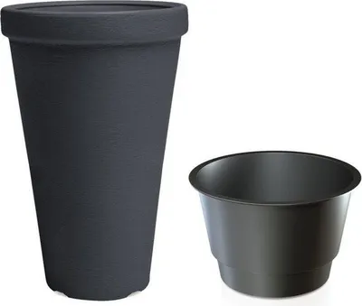 A tall, dark gray planter and a smaller, dark gray insert are shown against a white background.