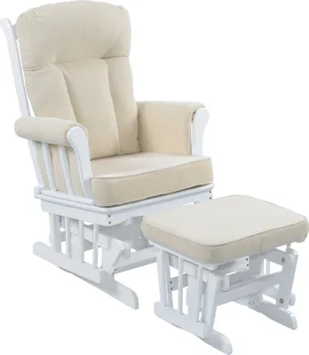 A white glider chair with a cream cushion and a matching ottoman, presented on a white background.