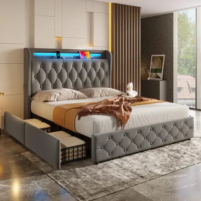 Produktbild von okwish Polsterbett 140x190 Jugendbett mit LED-Beleuchtung und USB-Steckdose,Doppelbett mit 4 Schubladen,Bettgestell mit Kopfteil und Stauraum,Grau(ohne Matratze)
