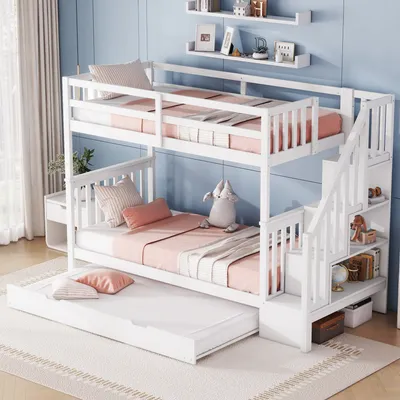 Produktbild von STILVORA Etagenbett Hochbett 90x200 Stockbett Jugendbett mit Rausfallschutz, ausziehbares Bett 90x190 mit Lattenrost,Weiß(Ohne Matratze)