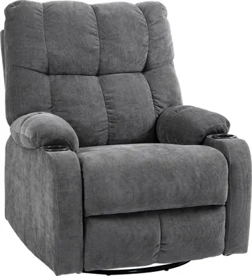 A dark gray recliner chair with cup holders on the armrests, shown from a front-diagonal angle against a white background.