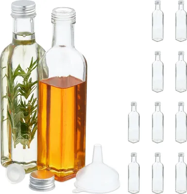 Produktbild von Relaxdays Flaschen zum Befüllen, 10er Set, leere Glasflaschen, für Likör, Öl, Saft, Schnapsflaschen, 250 ml, transparent