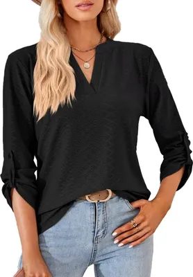Produktbild von ASKSA Damen Bluse V-Ausschnitt Einfarbig Oberteile Elegant Lose Causal Tunika Tops, Schwarz, XXL