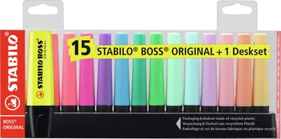 Produktbild von Textmarker - STABILO BOSS ORIGINAL - 15er Tischset - 9 Leuchtfarben, 6 Pastellfarben