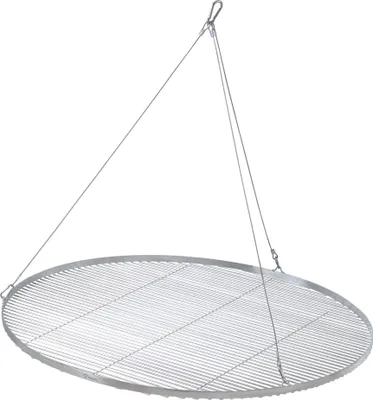 A round metal grill grate suspended by wires against a white background.