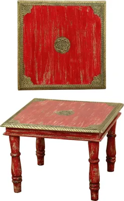 Image de Table basse vintage Anjay 55cm Grande | petite table en bois massif ornée de laiton pour votre salon | Table basse de salon rouge