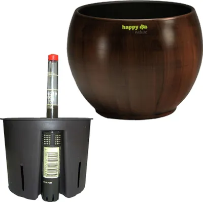 A brown ceramic planter with a black inner pot and a water level indicator.