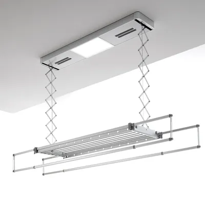 A ceiling-mounted automatic clothes drying rack with an integrated light.