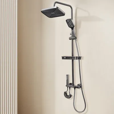 Produktbild von CDGlobal Duschset mit Armatur, Duschsystem mit Einhebelmischer Duscharmatur,Verstellbare Duschstange und Eckige Kopfbrause, Regendusche mit Armatur,Schwarz