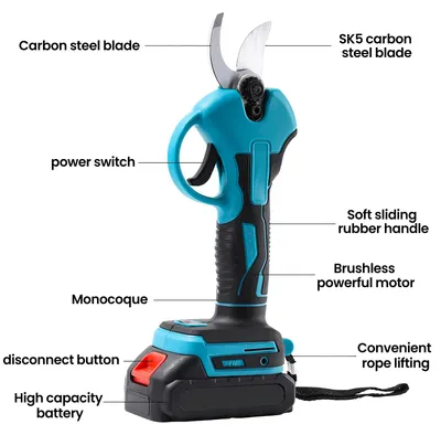 Produktbild von Elektrische Astschere - Akku Gartenschere - 30 mm Schnittstärke - Bürstenloser Motor - 18V wiederaufladbarer Akku - Klinge aus Kohlenstoffstahl - Blau