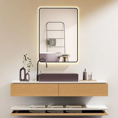 Produktbild von Badspiegel 100x70 cm / 70x100 cm Montana Beschlagfrei mit Schwarzer Metallrahmen, HOCH+QUER Montage Ganzkörperspiegel. Touch Schalter+Licht Wechsel 2700-6500K, Warmweiß-Kaltweiß-tral