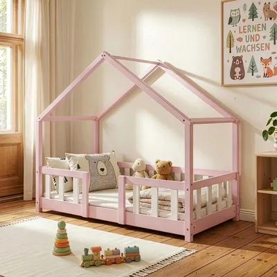 Produktbild von Kinderbett ’Treviolo‘ in Haus-Optik mit Rausfallschutz Kiefernholz 70 x 140 cm Rosa / Weiß