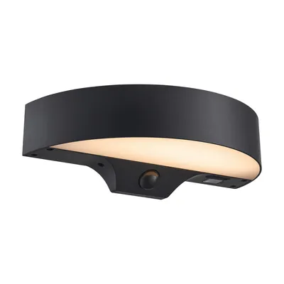 A black outdoor wall light with a curved design and a motion sensor.