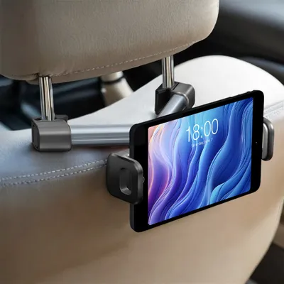 Produktbild von CLM-Tech Tablet Halterung Auto Kopfstütze - Kopfstützenhalterung mit 360 Grad Drehung - Handyhalterung für den Auto Rücksitz - Tablethalterung universal für 4-14 Zoll Tablets und Smartphones, grau schwarz