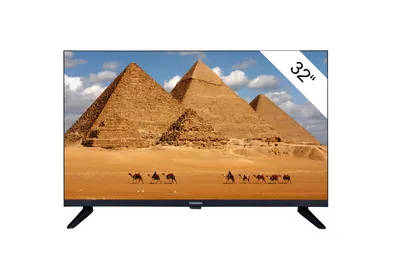 A television displaying a scene of pyramids in the desert with camels walking.