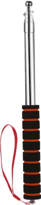 A silver telescopic flagpole with a black and orange foam grip and a red lanyard, isolated on a white background.