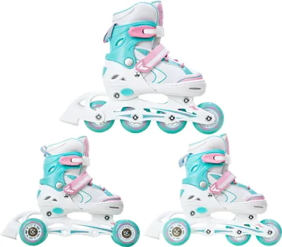 Three pairs of inline skates arranged in a collage.