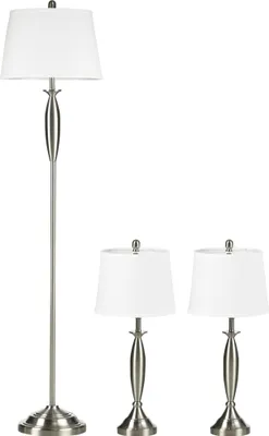 Produktbild von Fortuna Lai 3-tlg Lampenset Stehleuchte & 2 Tischlampen E27 Silber und Weiß für Wohnzimmer Schlafzimmer moderne Beleuchtung