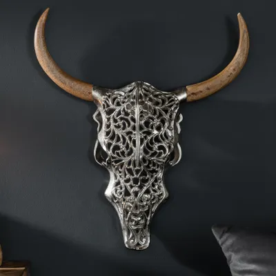 Produktbild von riess-ambiente Extravagante Wanddekoration EXOTIC BULL 57cm silber Mangoholz Stierkopf Wanddeko