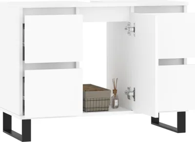 Interior view of a white cabinet with open doors, showing shelves and contents.