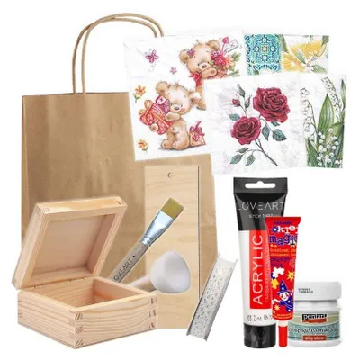 Produktbild von Decoupage-Starter-Set Klein, Komplettset mit Schwamm-Tape-Bürste, Holz, Baumwolle, Papier, Schachtel 10 x 10 cm