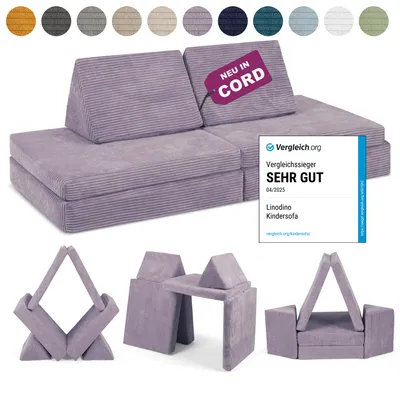Produktbild von Linodino Spielsofa Cord - Kindersofa | Kinder Couch als Kuschelecke und Indoor Spielplatz | Kinder Sofa aus Schaumstoff Bausteinen I Oktopus Lila