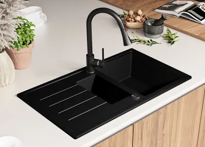 Produktbild von PRIMAGRAN Spülbecken Schwarz 90x50cm, Granitspüle 1,5 Becken + Ablauf-Set, Küchenspüle ab 60er Unterschrank - Kopenhagen Duo