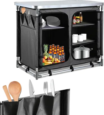 Zdjęcie produktu dla Kuchnia kempingowa Clanmacy 97 x 78 x 50 cm, szafka kempingowa z aluminiową ramą, meble kempingowe, kuchnia kempingowa na świeżym powietrzu, składana