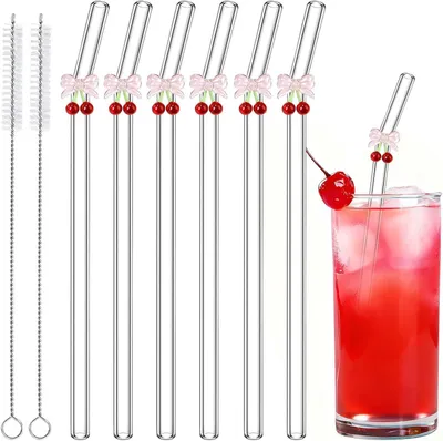 Productafbeelding van Herbruikbare glazen rietjes - Set van 6 - Schattige kersen en strik Designe