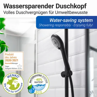 Image de Pommeau de douche WENKO Douche de pluie WATERSAVING Ø11cm rond noir Douche à main Wellness