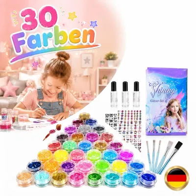 Image de 30 couleurs, 6 poudres lumineuses, kit de loisirs créatifs, 182 pochoirs, 215 strass, paillettes. (Allemagne)