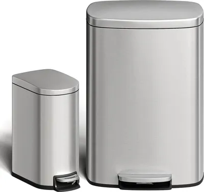 Image de Ensemble de poubelles 2 pièces - Poubelle à pédale - 50 L + 10 L - Acier inoxydable - Intérieur - Avec couvercle - Argent