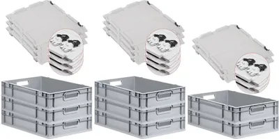 Produktbild von SuperSparSet 8x Eurobox NextGen Economy mit Scharnierdeckel und schwarzen Schiebeschnappverschlüssen | Griffe offen | HxBxT 12x40x60cm | 23 Liter | Eurobehälter, Transportbox, Transportbehälter, Stapelbehälter