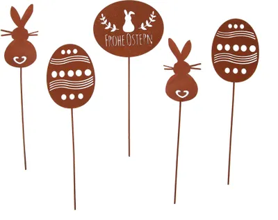 Produktbild von UNUS® Gartenstecker Frohe Ostern (2 Hasen, 2 Eier , 1 Schild) Rostopitk 5er Set Osterdeko Frühlingsdeko