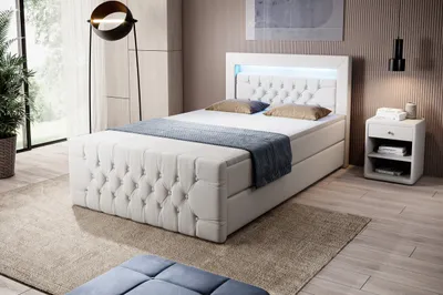 Produktbild von Moebelfest Boxspringbett 120x200 cm mit Blau LED-Beleuchtung: Polsterbett mit Bettkasten, Taschenfederkernmatratzen 7 Zonen, Topper sowie Kopf- und Fußteil (Liverpool in Weiß)