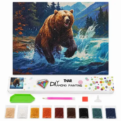 Imagen del producto de THAR, Kit completo para pintura con diamantes: Oso pardo en el río, 40 x 50 cm