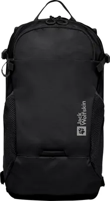 A black backpack is shown against a white background.