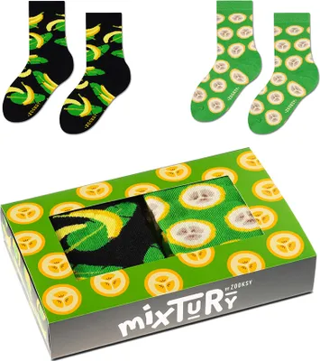 Produktbild von 2 Paar Bananensocken für Kinder 30-35, Lange Bunte Socken mit Fruchtmuster
